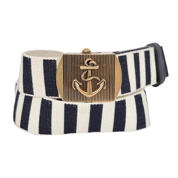Gucci Men's Navy / White Fabric Brass Anchor Buckle Striped Belt 375191 4056 (85 - Picture 3 of 5